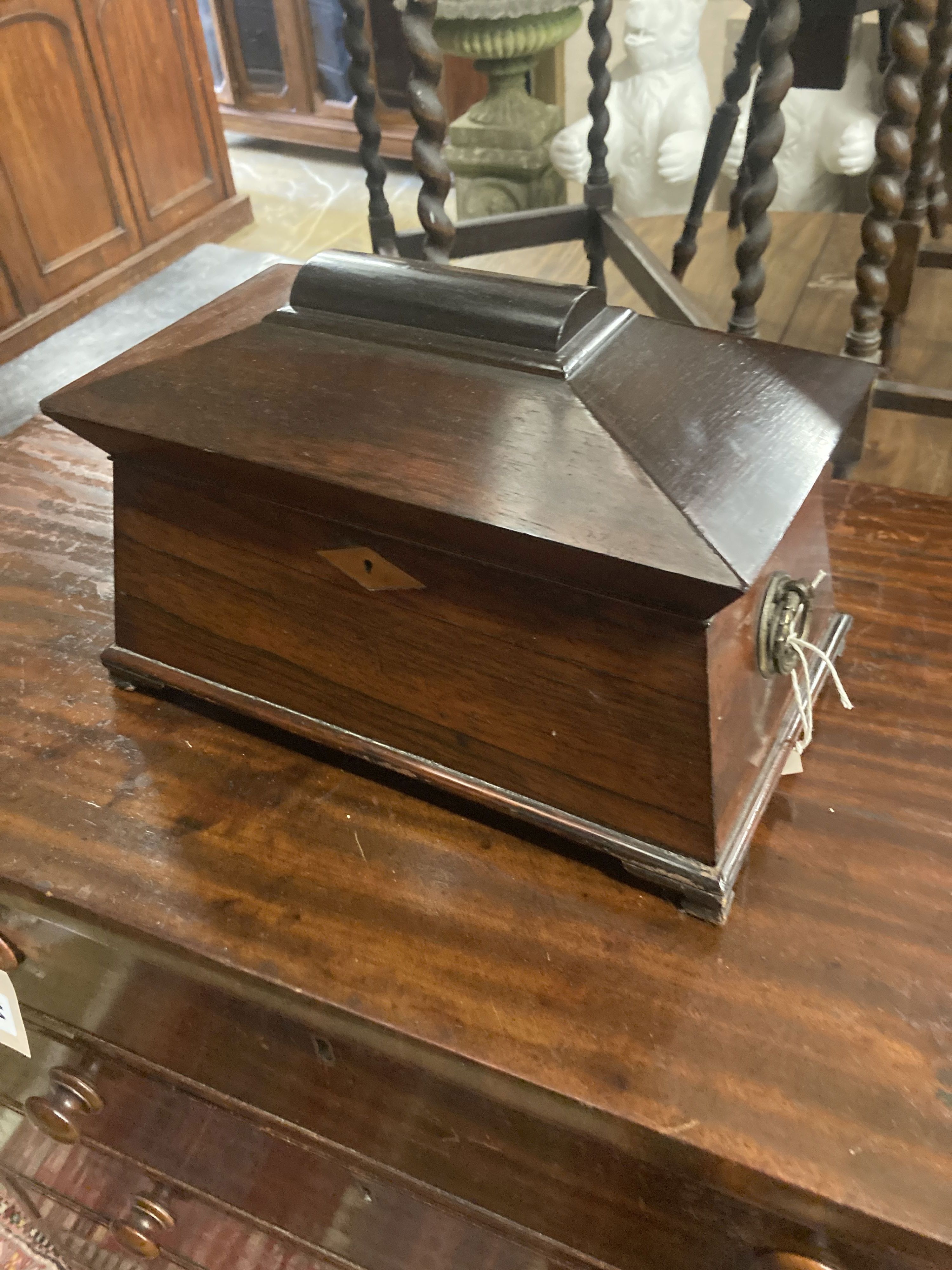 A Victorian rosewood sarcophagus tea caddy, width 34cm, depth 19cm, height 22cm